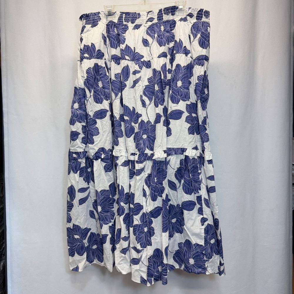 Draper James Midi Skirt Women 3X White Blue Floral Magnolia Shadows Smocked NEW